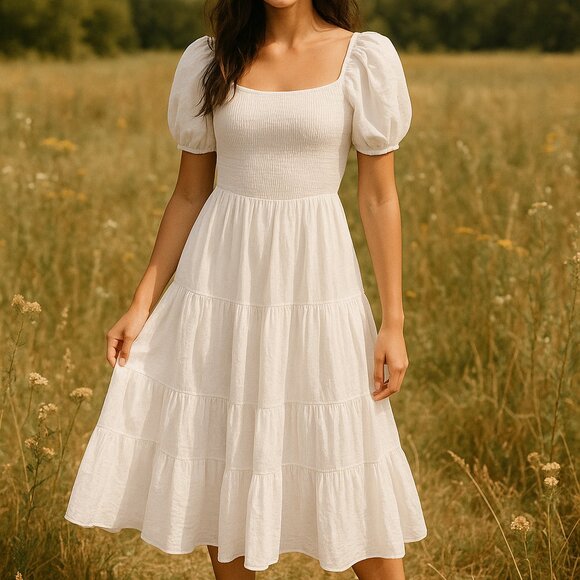 White Smocked Puff Sleeve Open Back Midi Dress - Size XL - Picture 2 of 9